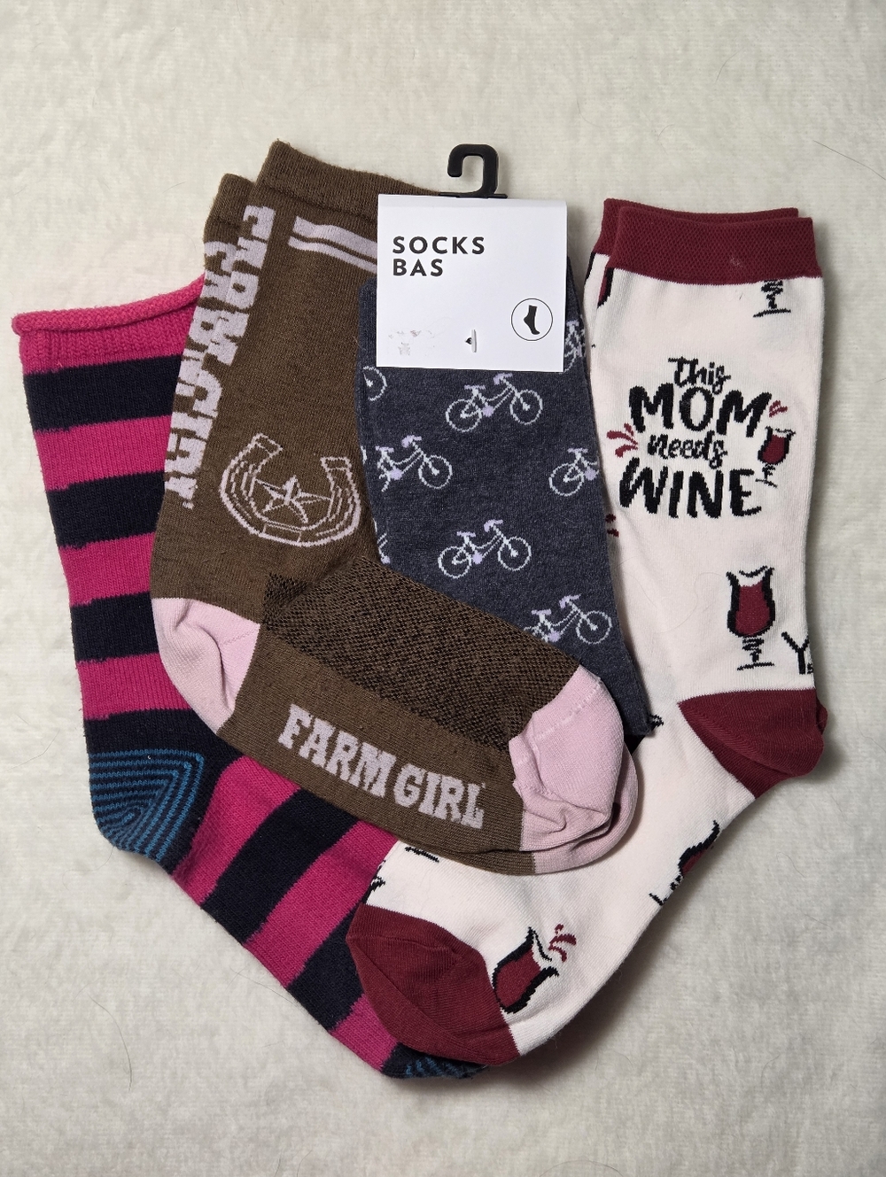 Novelty Socks Set 4 Pairs Farm Girl Mom Needs Wine Bicycle NWT only